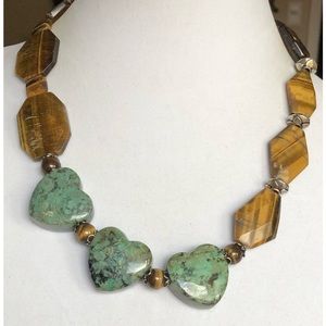 Turquoise Hearts & Faceted Tiger’s Eye Gemstones in Sterling Necklace